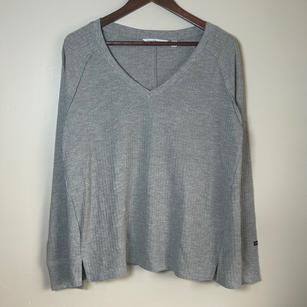 Calvin Klein Jeans Waffle Knit Top Women Large Grey V-Neck Long Sleeve Relaxed